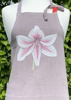 Linen Apron - white and dark pink amaryllis
